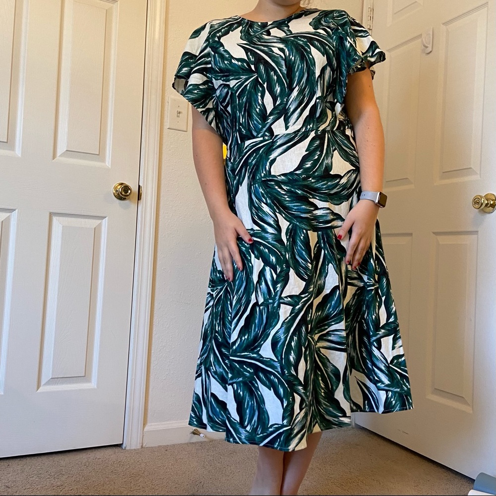 Green Floral Linen-Blend Midi Dress
